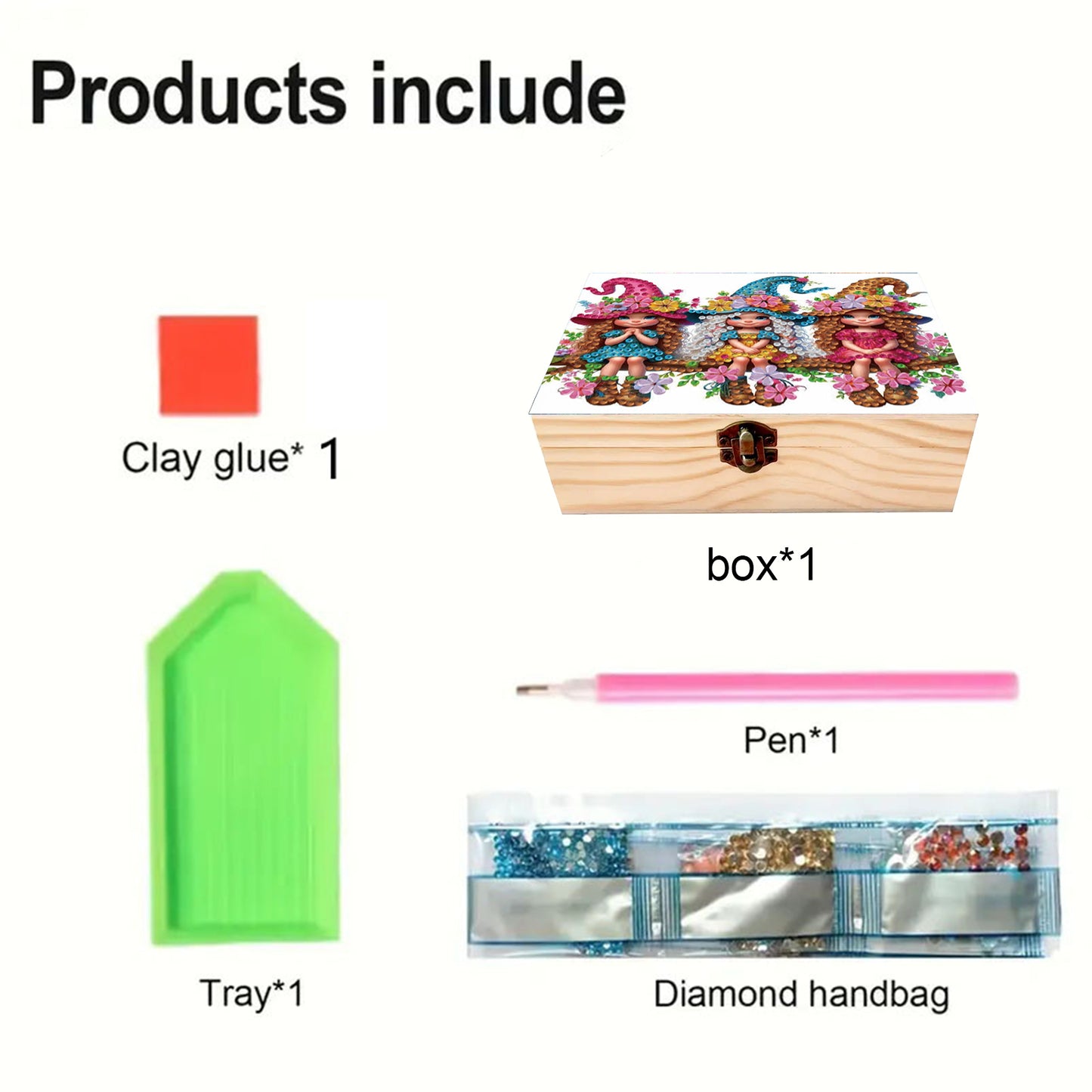 5D DIY Diamond Painting Handmade Wood Storage Box Crystal Storage Case (Girl)