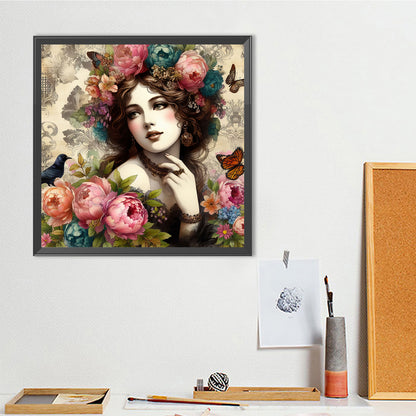 Vintage Girl And Flowers - Full Round Drill Diamond Painting 40*40CM