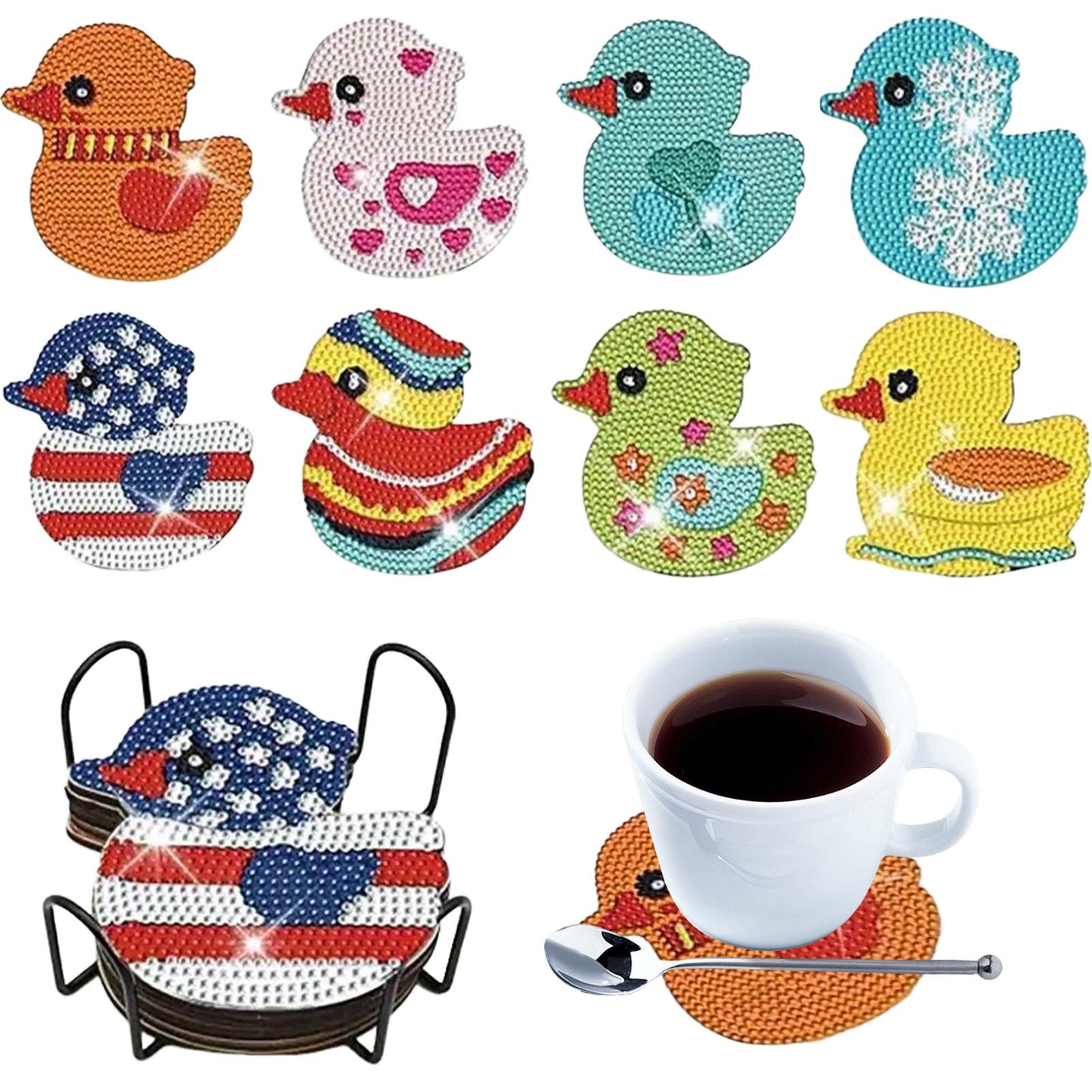 8pcs Cartoon DIY Diamond Painting Wooden Coasters Art Kits with Holder (Duck)