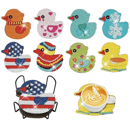 8pcs Cartoon DIY Diamond Painting Wooden Coasters Art Kits with Holder (Duck)