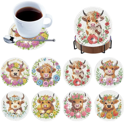 8pcs Cartoon DIY Diamond Painting Wooden Coasters Art Kits with Holder (Cow)