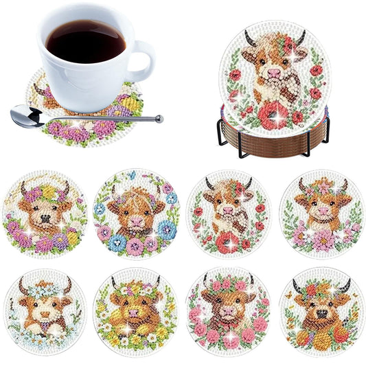8pcs Cartoon DIY Diamond Painting Wooden Coasters Art Kits with Holder (Cow)