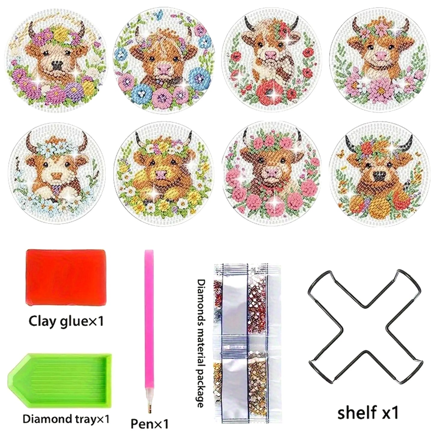 8pcs Cartoon DIY Diamond Painting Wooden Coasters Art Kits with Holder (Cow)