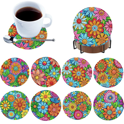 8pcs Cartoon DIY Diamond Painting Wooden Coasters Art Kits with Holder (Pattern)