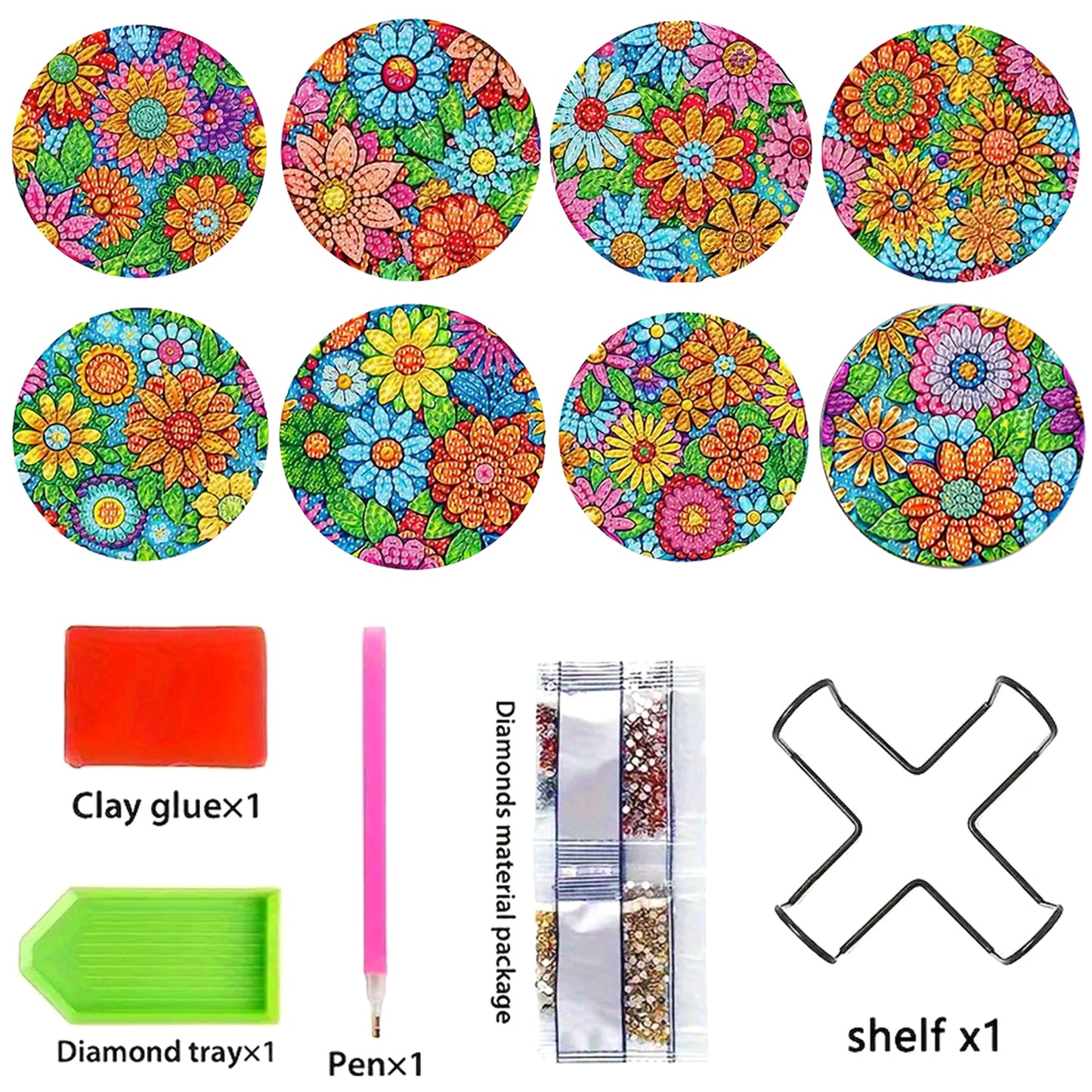 8pcs Cartoon DIY Diamond Painting Wooden Coasters Art Kits with Holder (Pattern)