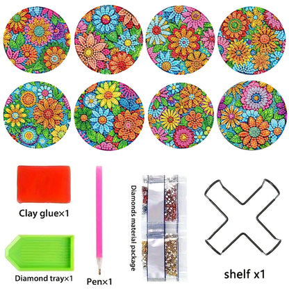 8pcs Cartoon DIY Diamond Painting Wooden Coasters Art Kits with Holder (Pattern)