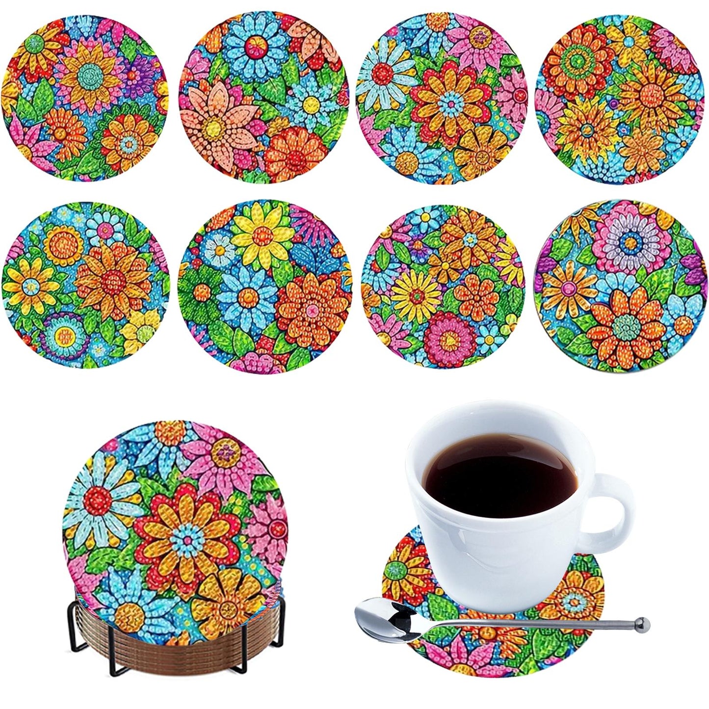 8pcs Cartoon DIY Diamond Painting Wooden Coasters Art Kits with Holder (Pattern)