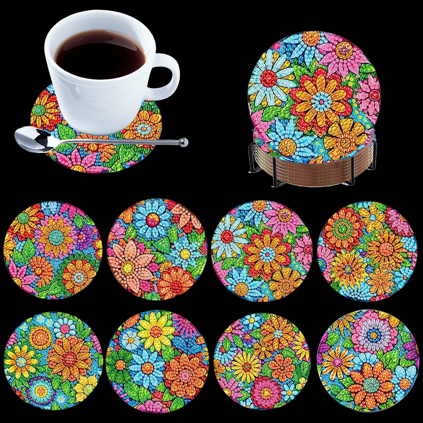 8pcs Cartoon DIY Diamond Painting Wooden Coasters Art Kits with Holder (Pattern)