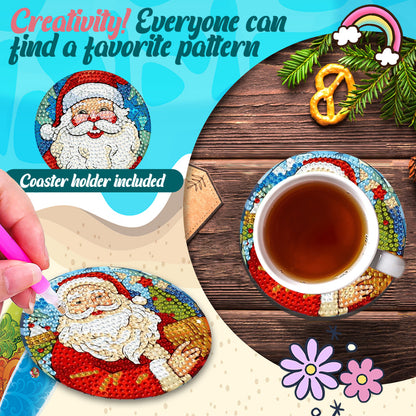 8pcs Cartoon DIY Diamond Painting Wooden Coasters Kits with Holder (Santa Claus)