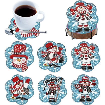 6pcs Cartoon DIY Diamond Painting Wooden Coasters Art Kits with Holder (Snowman)
