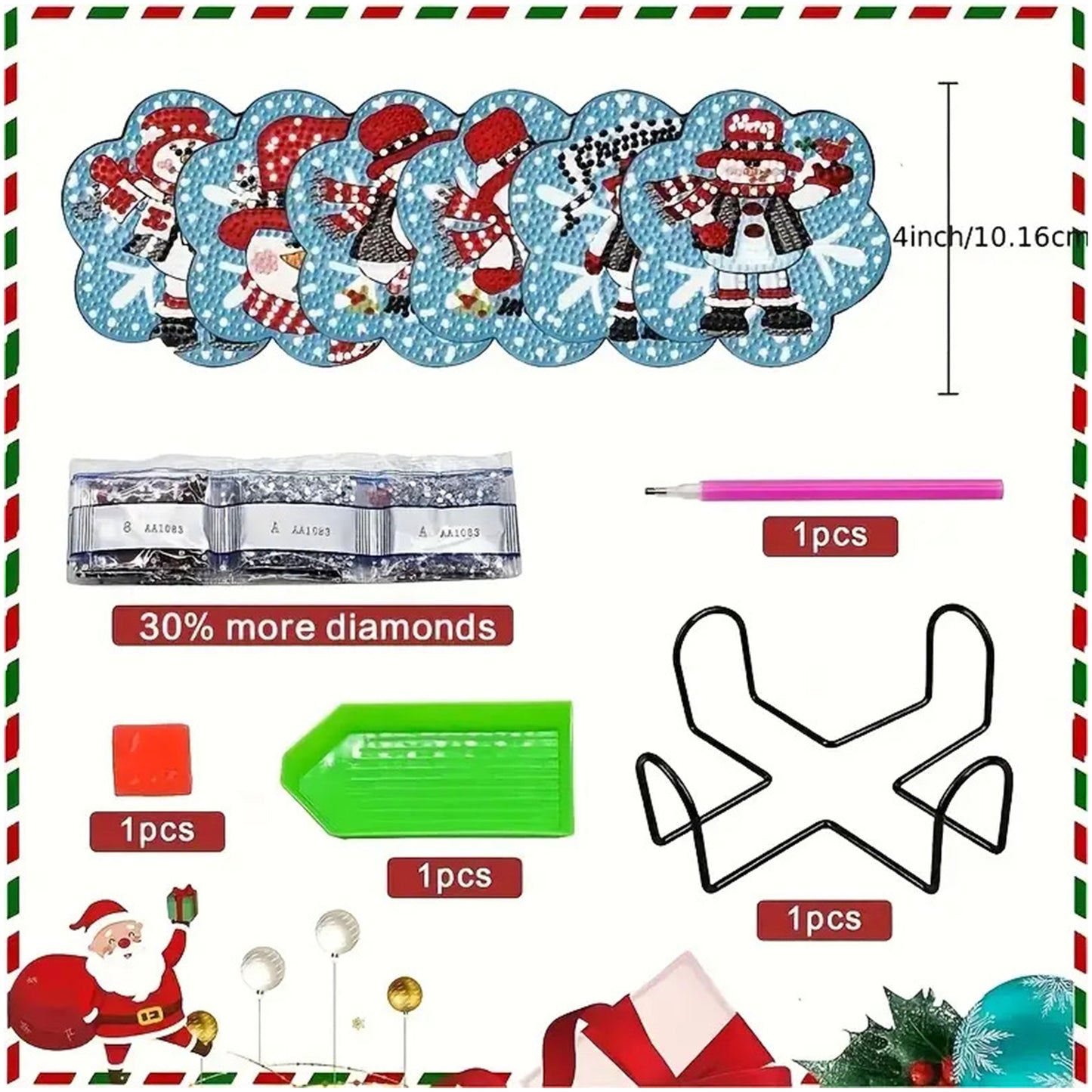 6pcs Cartoon DIY Diamond Painting Wooden Coasters Art Kits with Holder (Snowman)