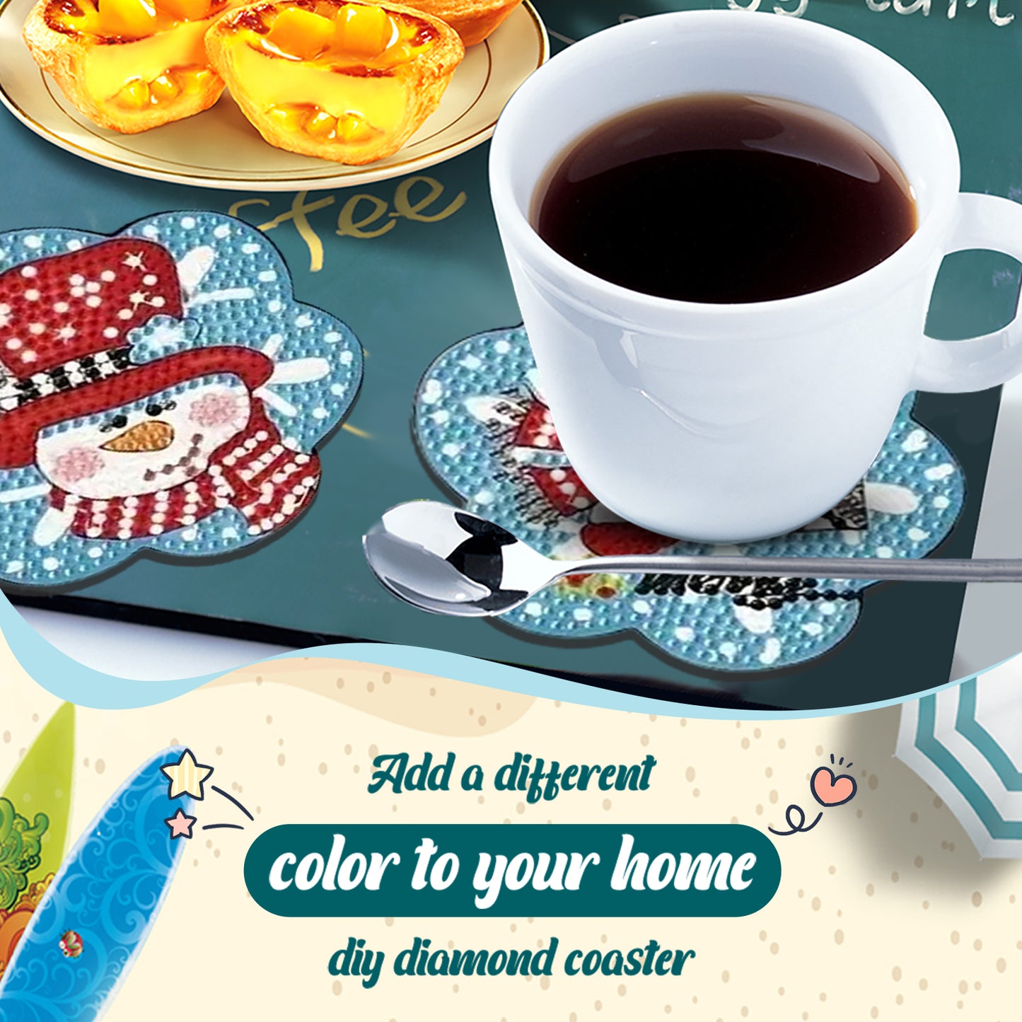 6pcs Cartoon DIY Diamond Painting Wooden Coasters Art Kits with Holder (Snowman)