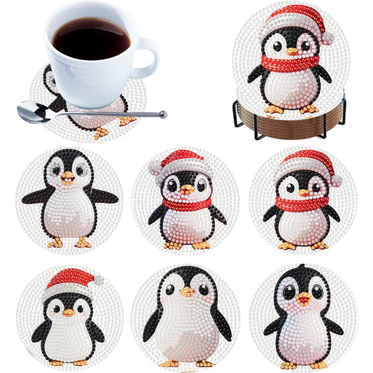6pcs Cartoon DIY Diamond Painting Wooden Coasters Art Kits with Holder (Penguin)