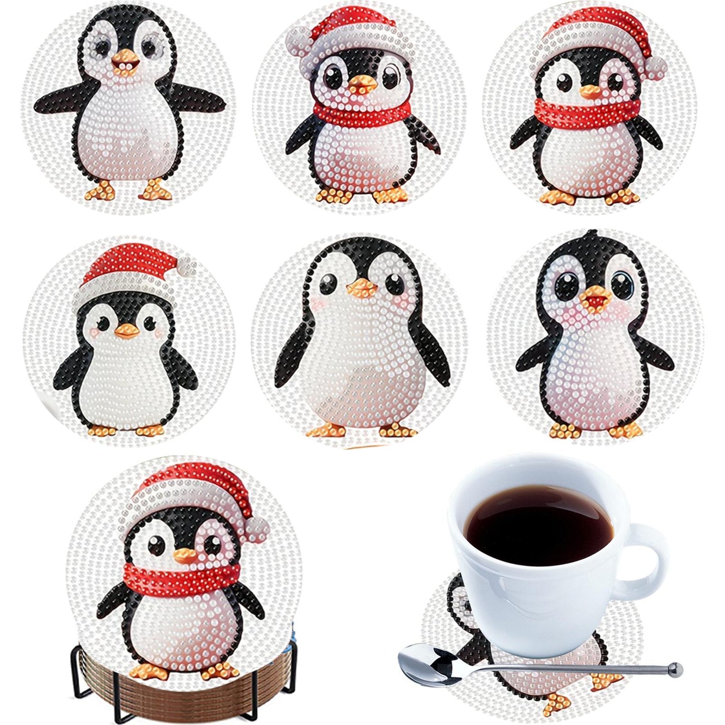 6pcs Cartoon DIY Diamond Painting Wooden Coasters Art Kits with Holder (Penguin)