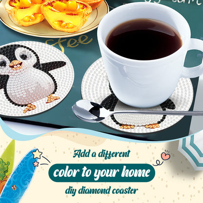6pcs Cartoon DIY Diamond Painting Wooden Coasters Art Kits with Holder (Penguin)