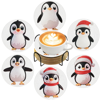 6pcs Cartoon DIY Diamond Painting Wooden Coasters Art Kits with Holder (Penguin)