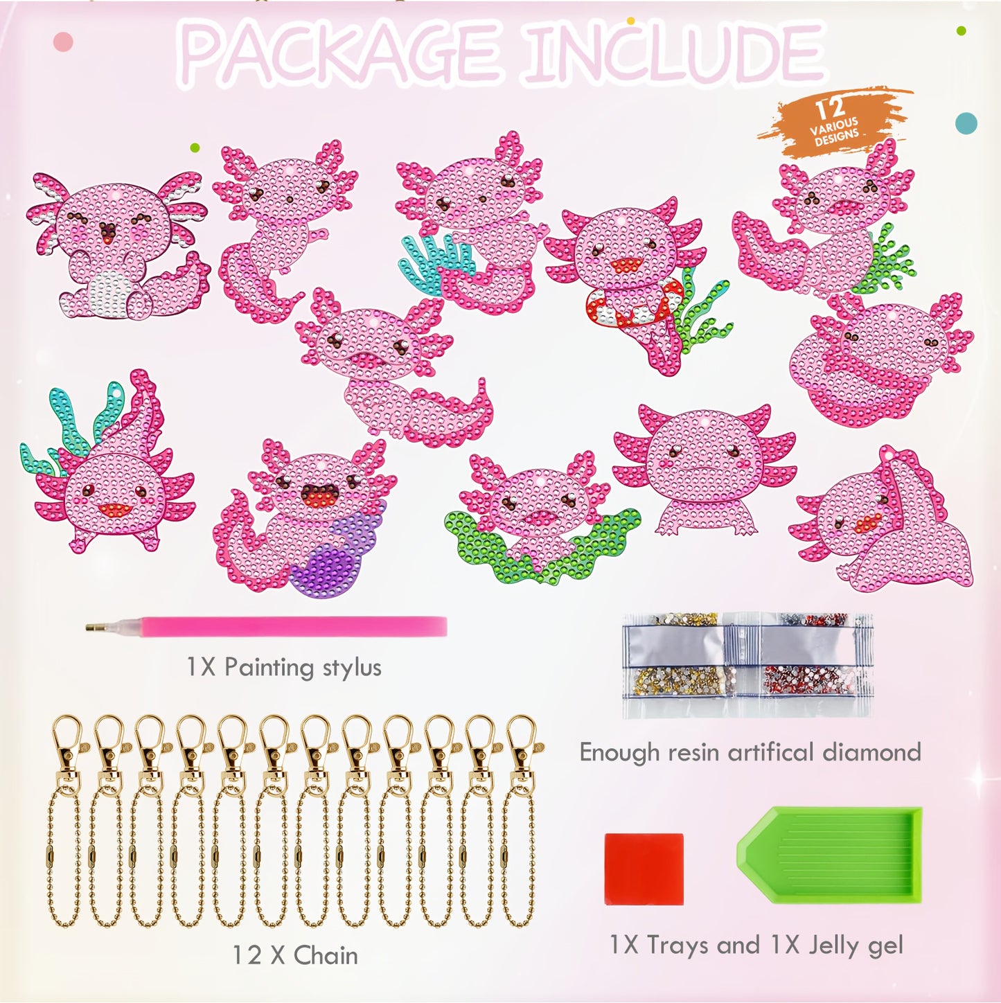 12pcs 2D DIY Double Side Diamond Painting Keychains for Decor Crafts (Salamander