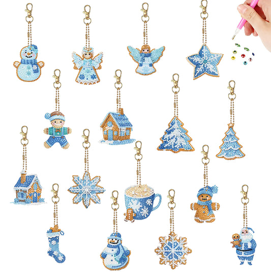 16pcs 2D DIY Double Side Diamond Painting Keychains for Decor Crafts (Winter)