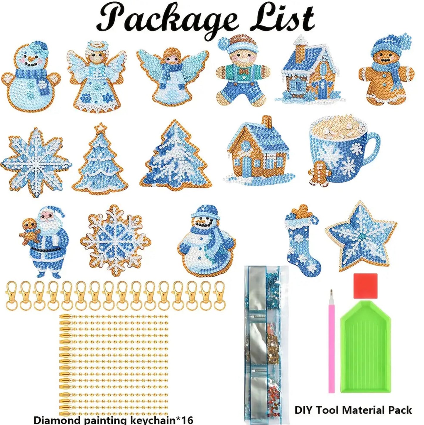 16pcs 2D DIY Double Side Diamond Painting Keychains for Decor Crafts (Winter)
