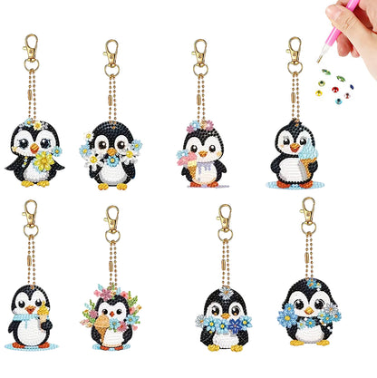 8pcs 2D DIY Double Side Diamond Painting Keychains for Decor Crafts (Penguin)