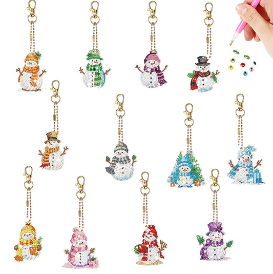 12pcs 2D DIY Double Side Diamond Painting Keychains for Decor Crafts (Snowman)