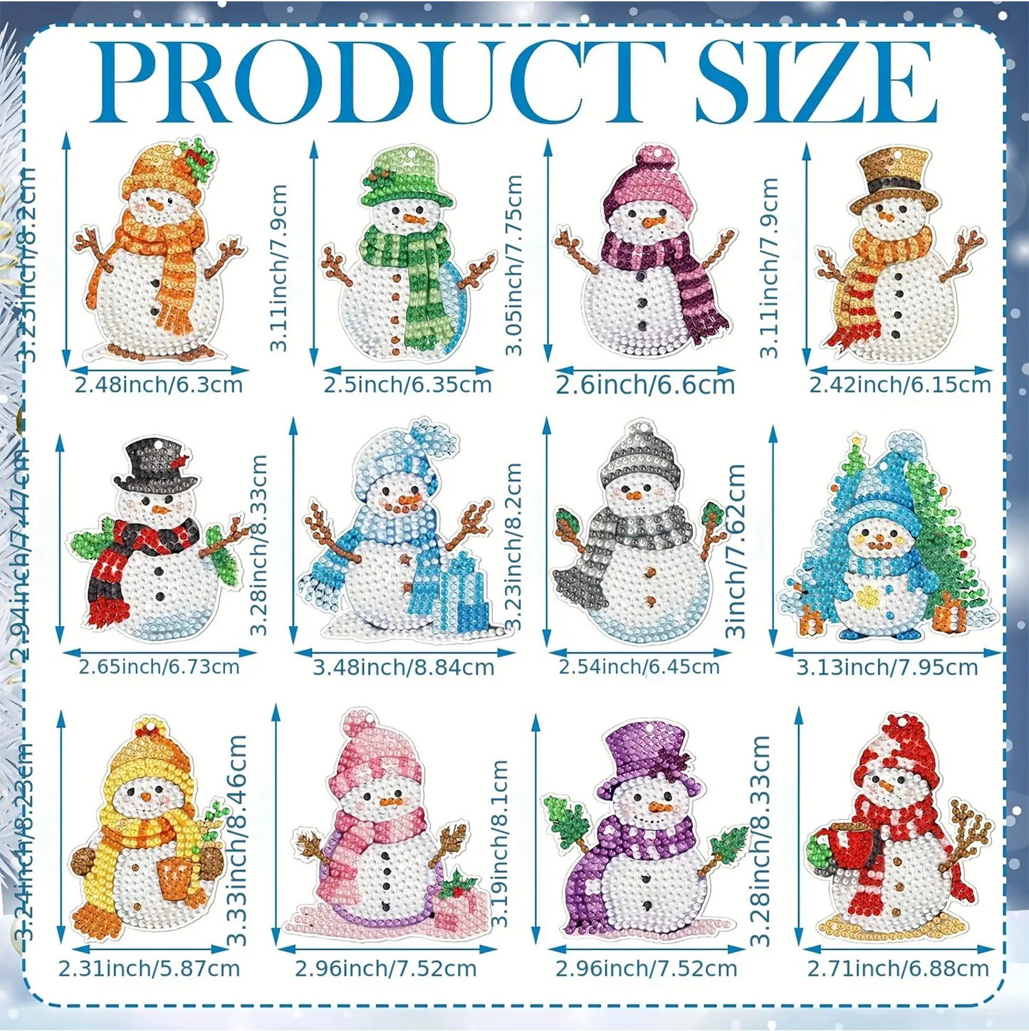 12pcs 2D DIY Double Side Diamond Painting Keychains for Decor Crafts (Snowman)