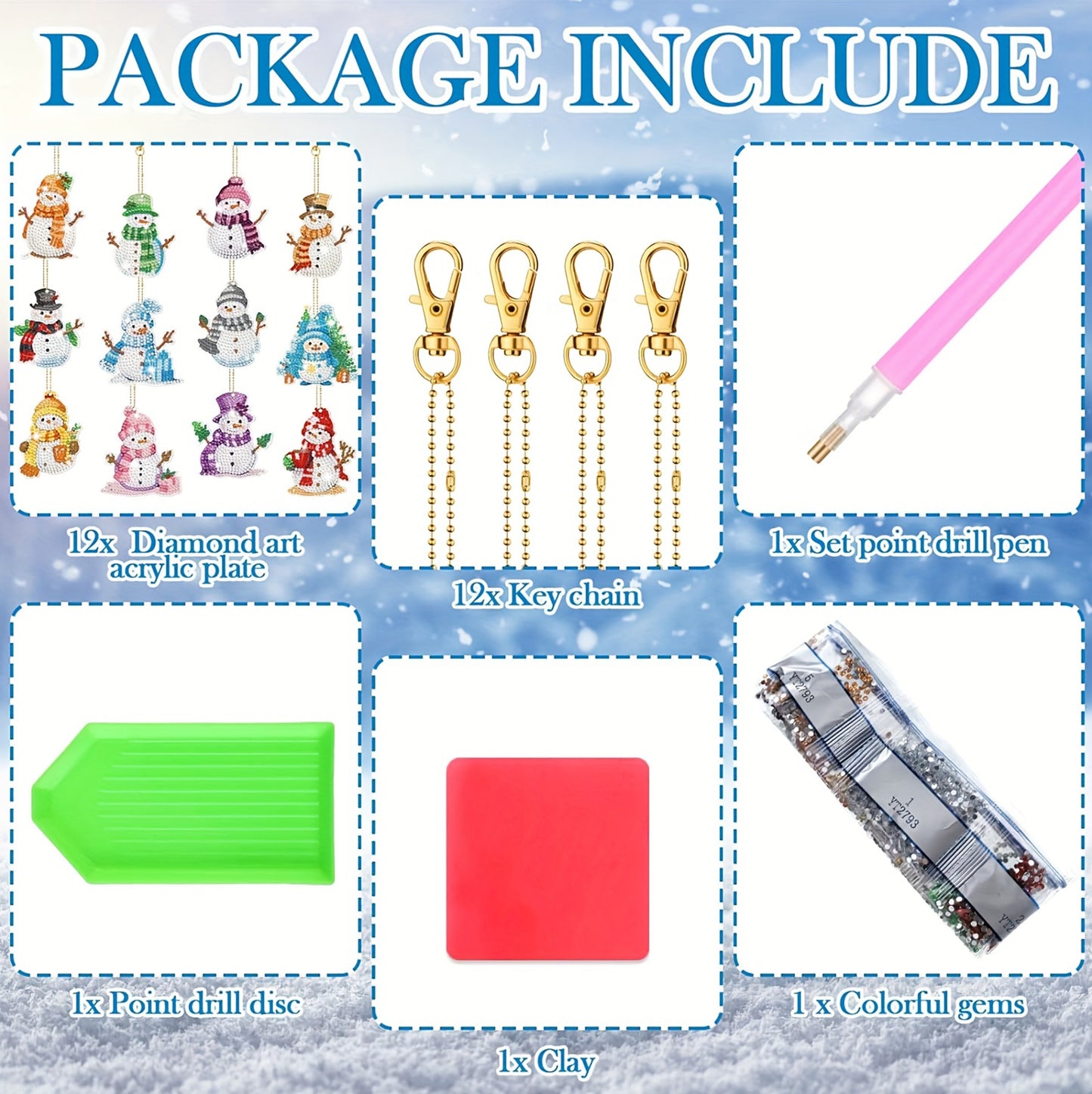 12pcs 2D DIY Double Side Diamond Painting Keychains for Decor Crafts (Snowman)