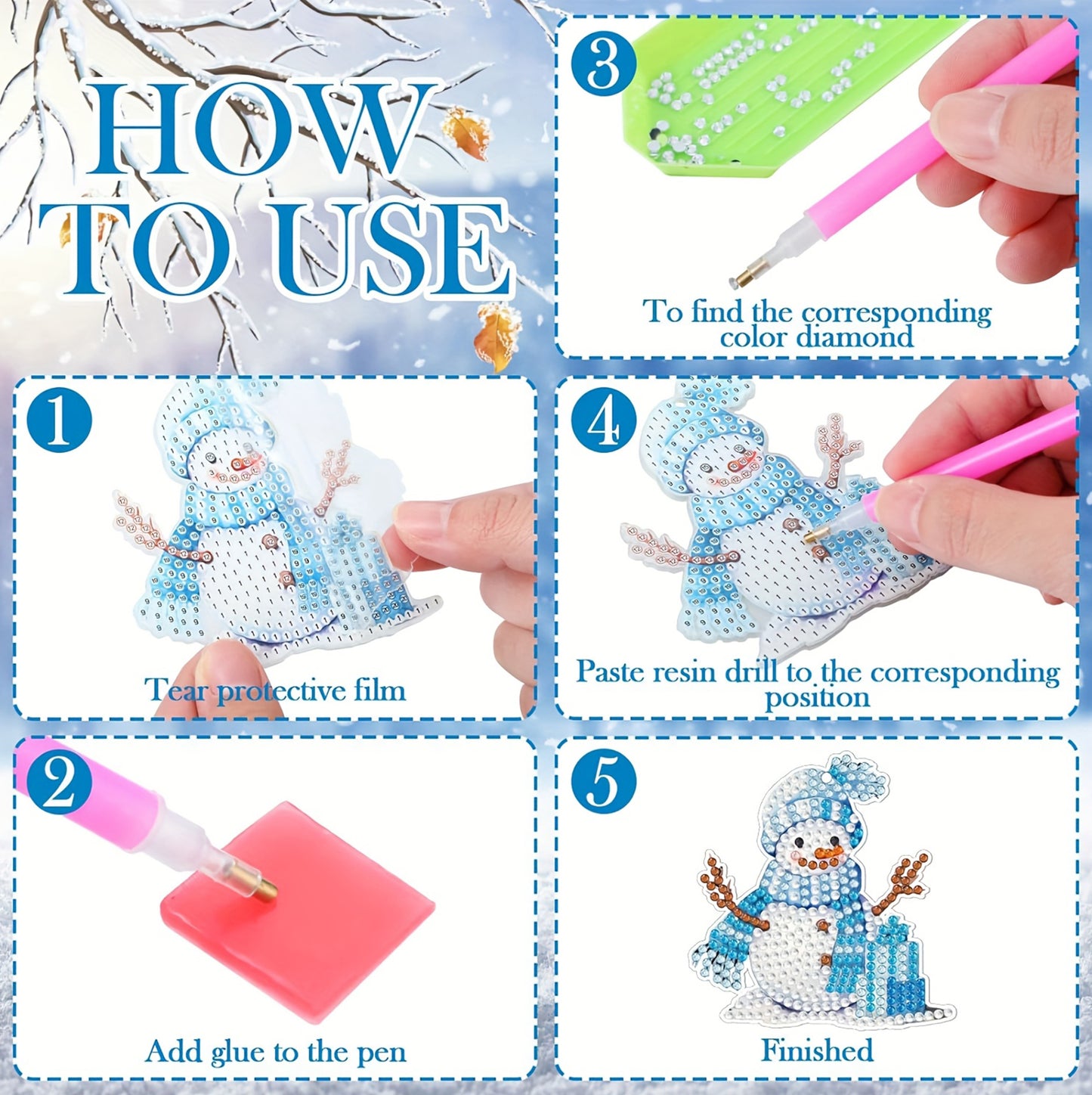 12pcs 2D DIY Double Side Diamond Painting Keychains for Decor Crafts (Snowman)