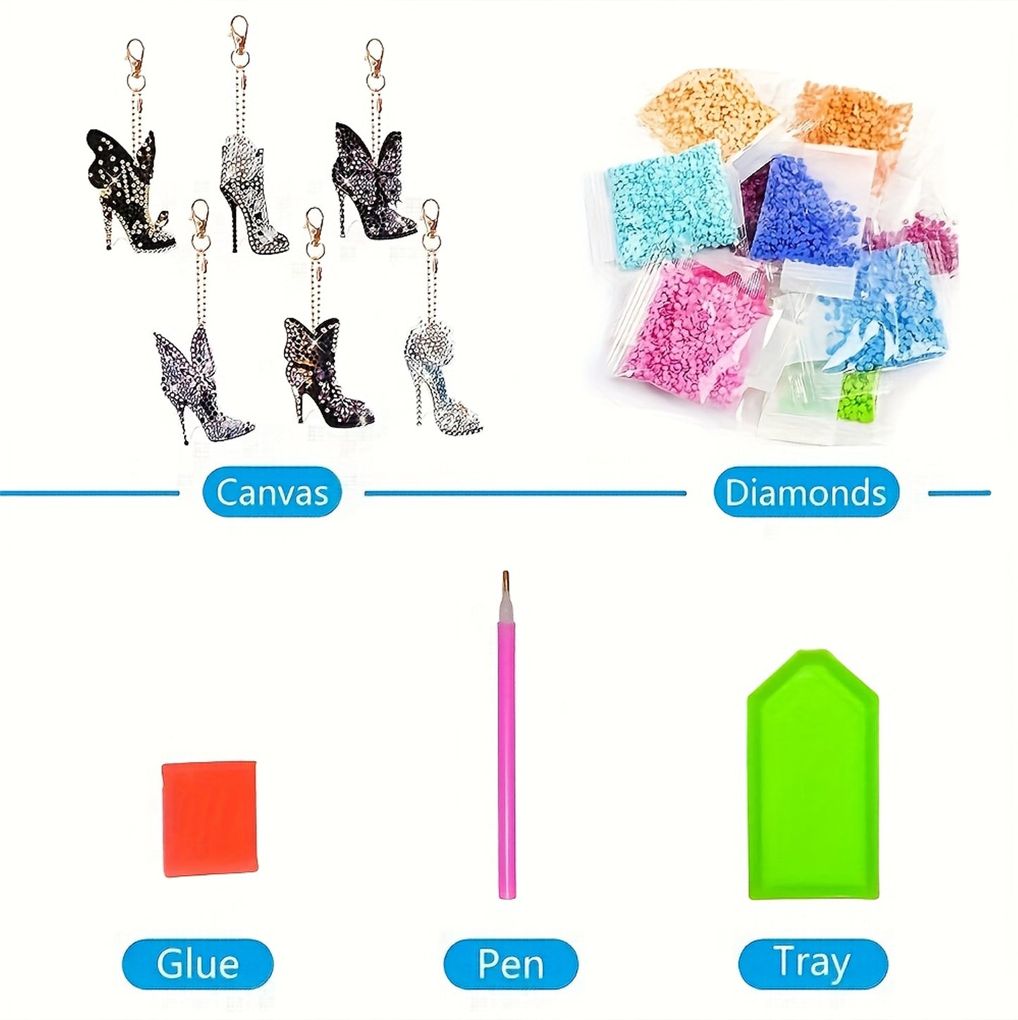 6pcs 2D DIY Double Side Diamond Painting Keychains for Decor Crafts (High Heels)