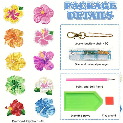 10pcs 2D DIY Double Side Diamond Painting Keychains for Decor Crafts (Flower)