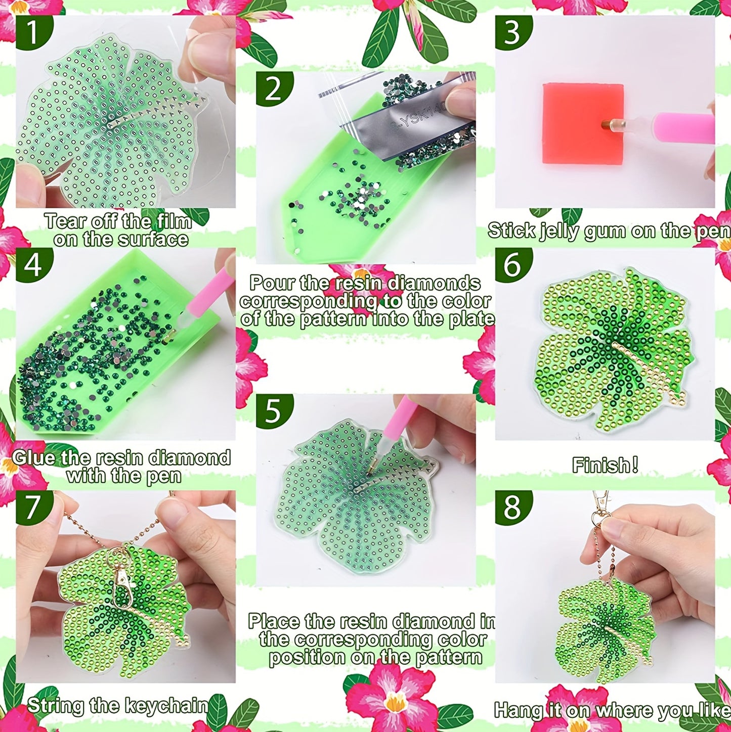 10pcs 2D DIY Double Side Diamond Painting Keychains for Decor Crafts (Flower)