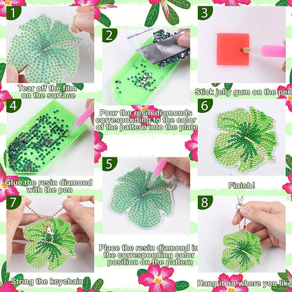 10pcs 2D DIY Double Side Diamond Painting Keychains for Decor Crafts (Flower)