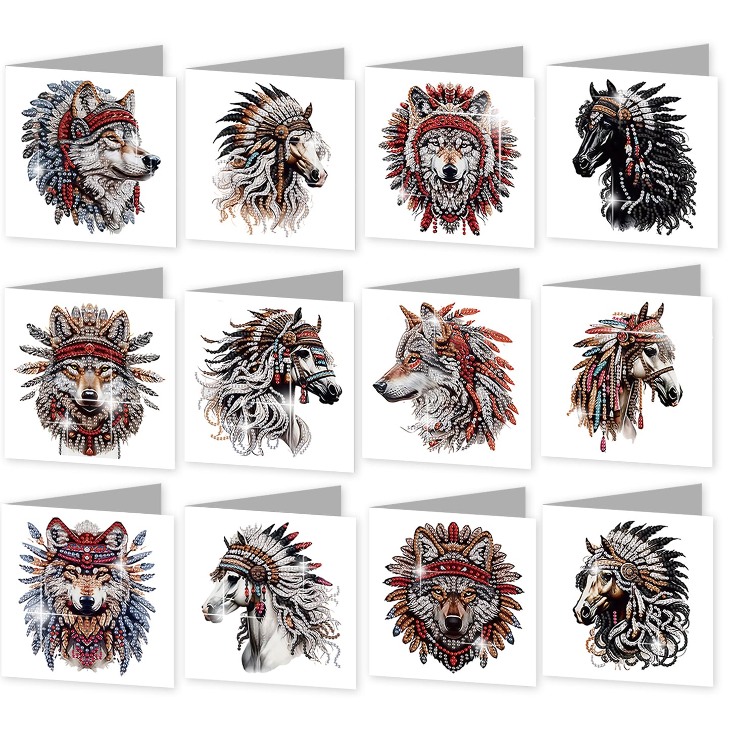 12Pcs Indian Wolf Horse DIY Diamond Painting Greeting Cards for Adults Gifts