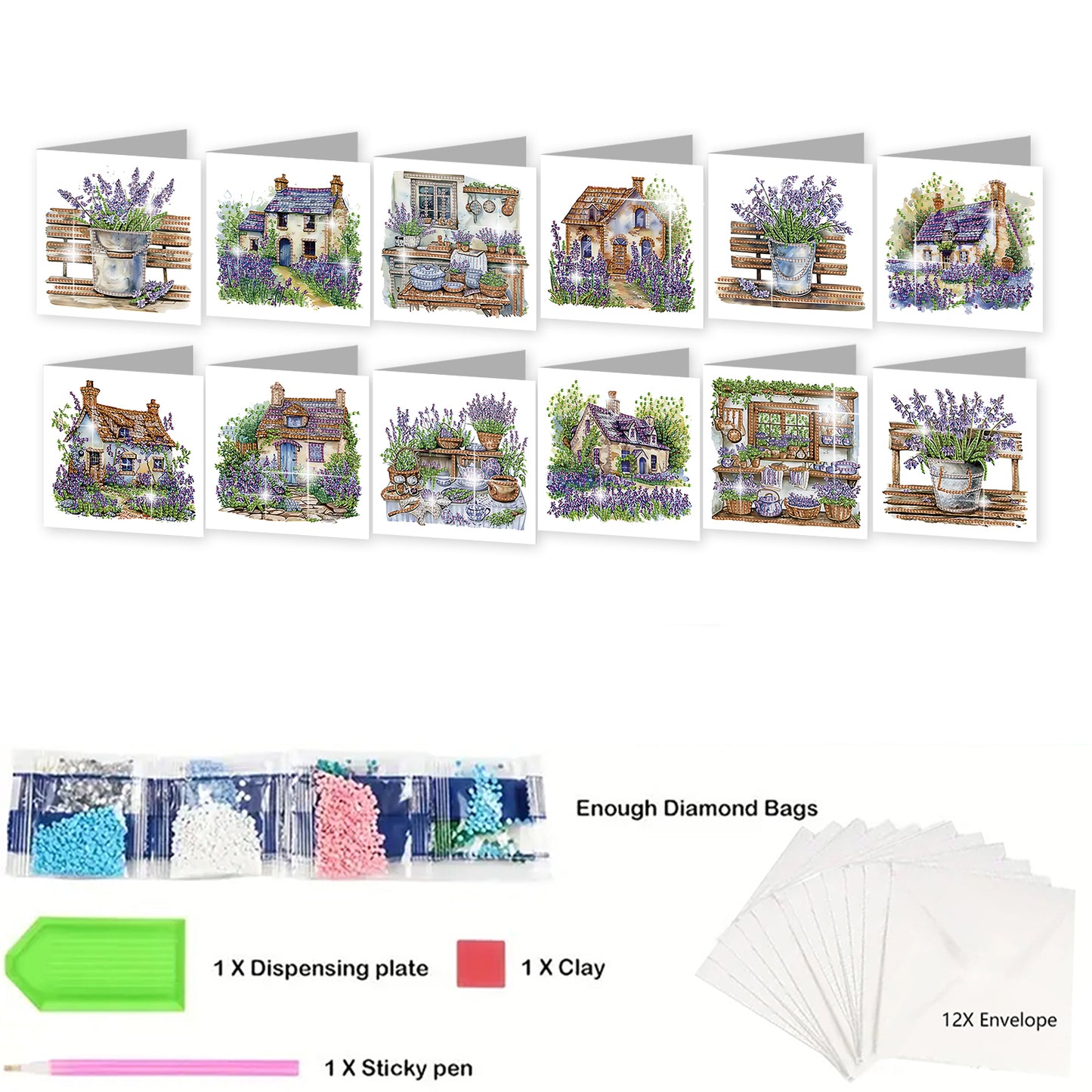 12Pcs Lavender DIY Diamond Painting Greeting Cards for Adult Holiday Gifts