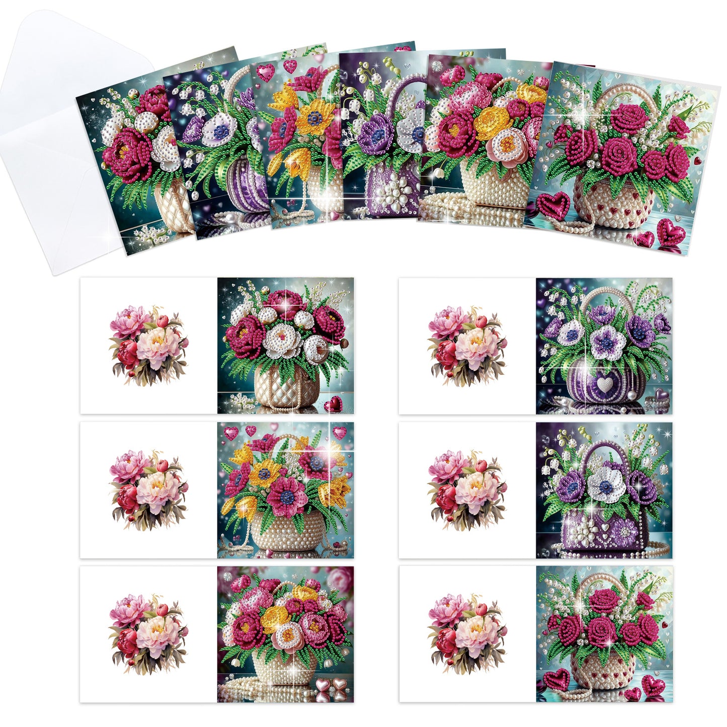 12Pcs Flower Bouquet DIY Diamond Painting Greeting Cards for Adult Holiday Gifts