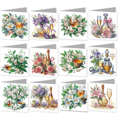 12Pcs Flower Drink DIY Diamond Painting Greeting Cards for Adult Holiday Gifts