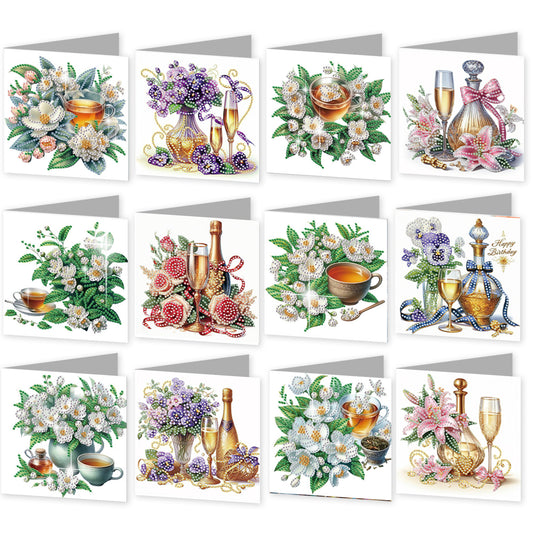 12Pcs Flower Drink DIY Diamond Painting Greeting Cards for Adult Holiday Gifts