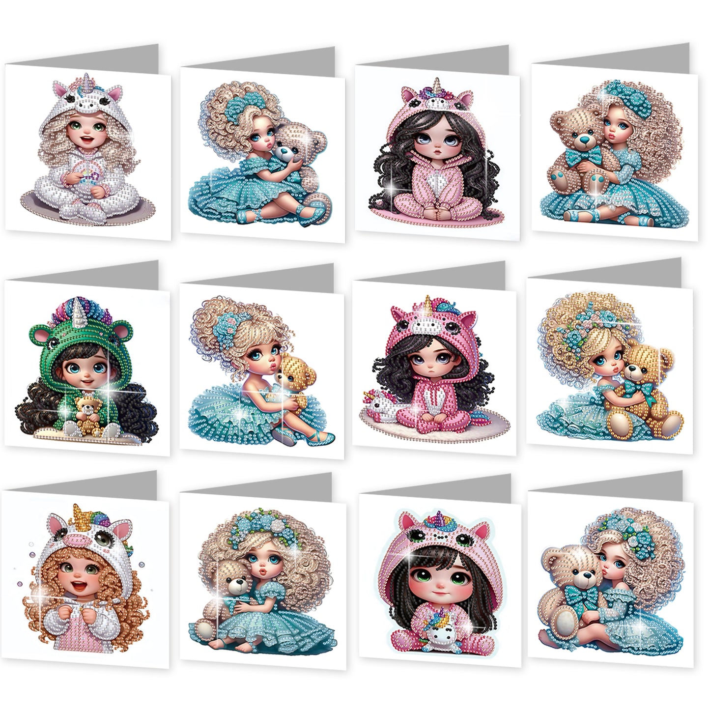 12Pcs Little Girl DIY Diamond Painting Greeting Cards for Adult Holiday Gifts