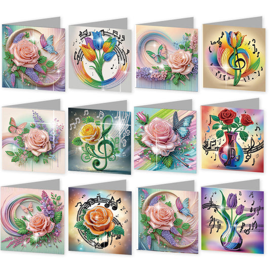 12Pcs Romantic Bouquet DIY Diamond Painting Greeting Cards for Adults Gifts