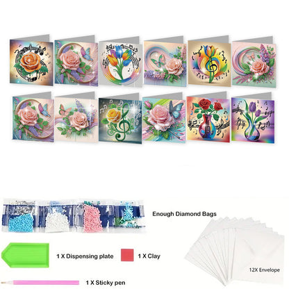 12Pcs Romantic Bouquet DIY Diamond Painting Greeting Cards for Adults Gifts