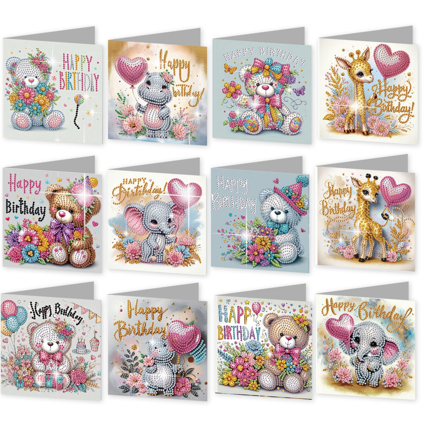 12Pcs Birthday Bear Animal DIY Diamond Painting Greeting Cards for Adults Gifts