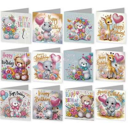 12Pcs Birthday Bear Animal DIY Diamond Painting Greeting Cards for Adults Gifts