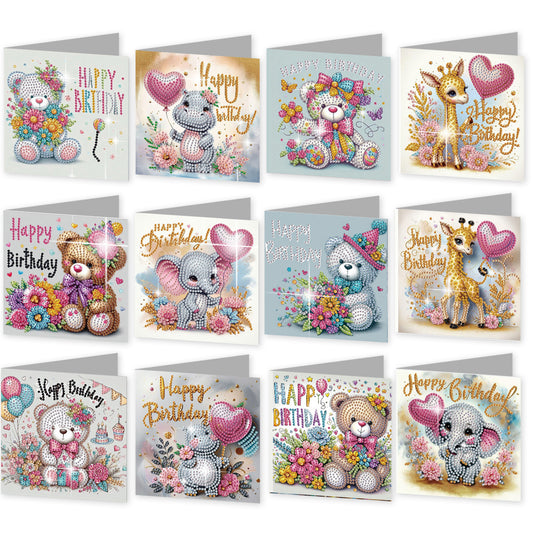 12Pcs Birthday Bear Animal DIY Diamond Painting Greeting Cards for Adults Gifts