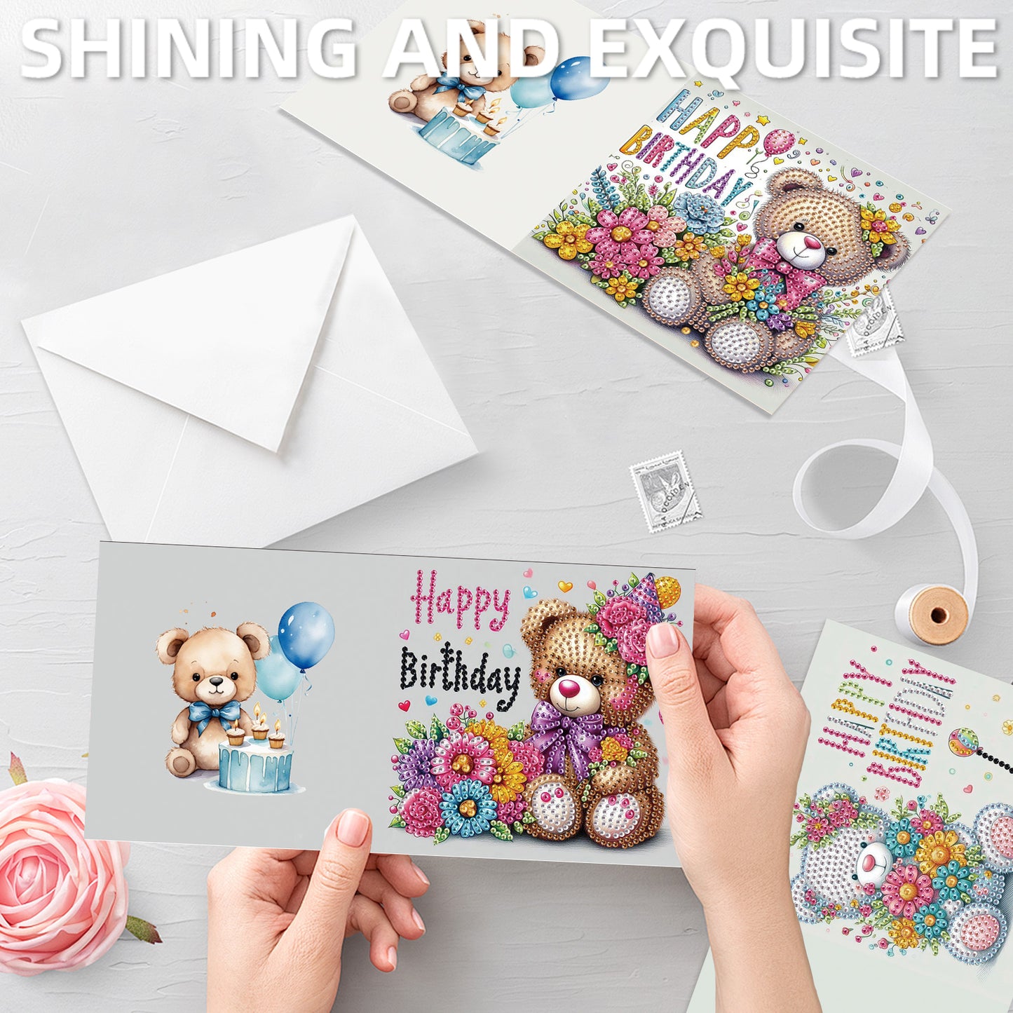 12Pcs Birthday Bear Animal DIY Diamond Painting Greeting Cards for Adults Gifts