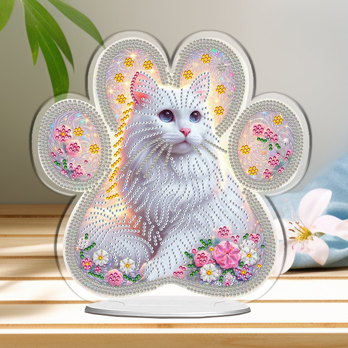 White Cat DIY 2D Flat Acrylic Desktop Special Shaped Diamond Art Kit 24*22cm