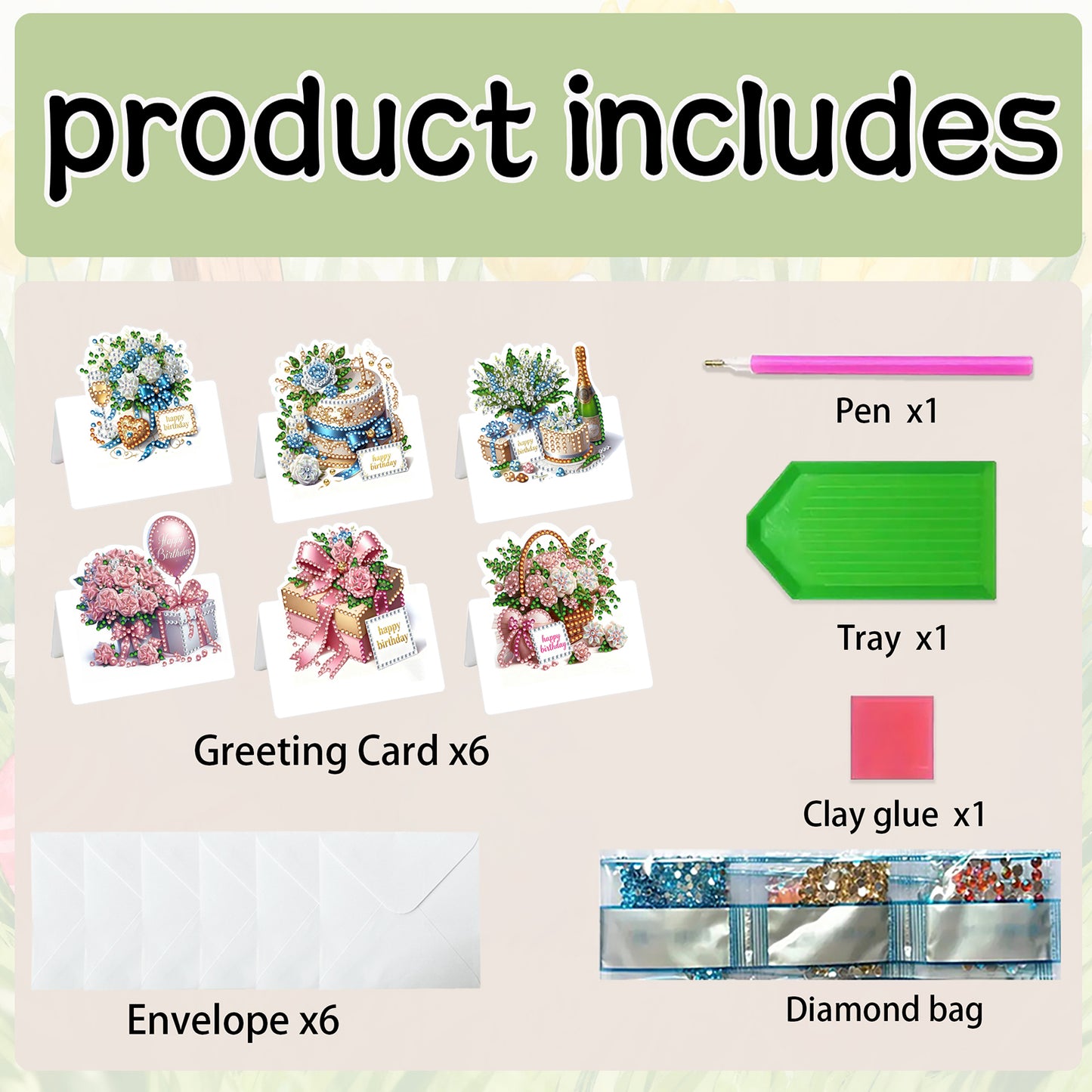 6 Packs Birthday DIY Diamond Painting Greeting Card Kit for Adults Holiday Gifts