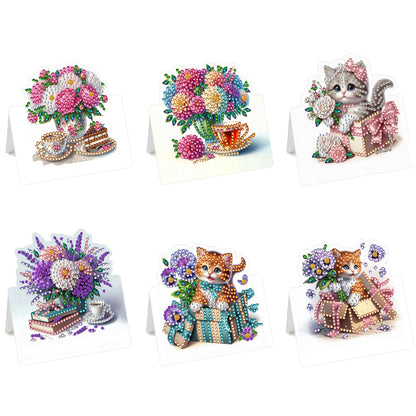6 Packs Cat and Flowers DIY Diamond Painting Greeting Card Kit for Adults Gifts