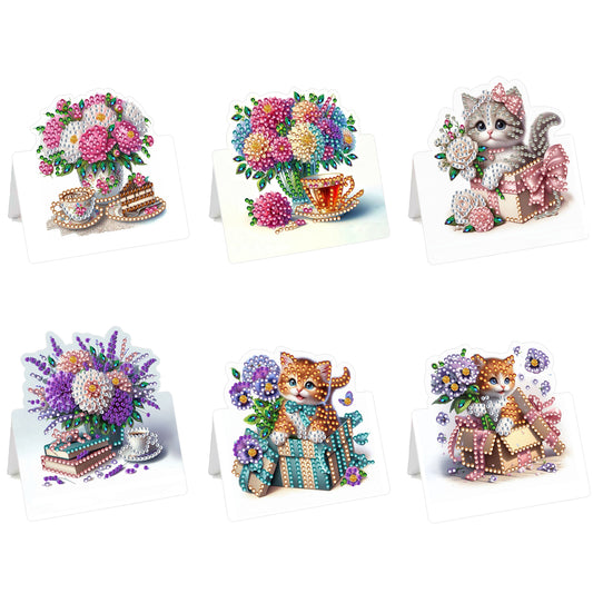 6 Packs Cat and Flowers DIY Diamond Painting Greeting Card Kit for Adults Gifts