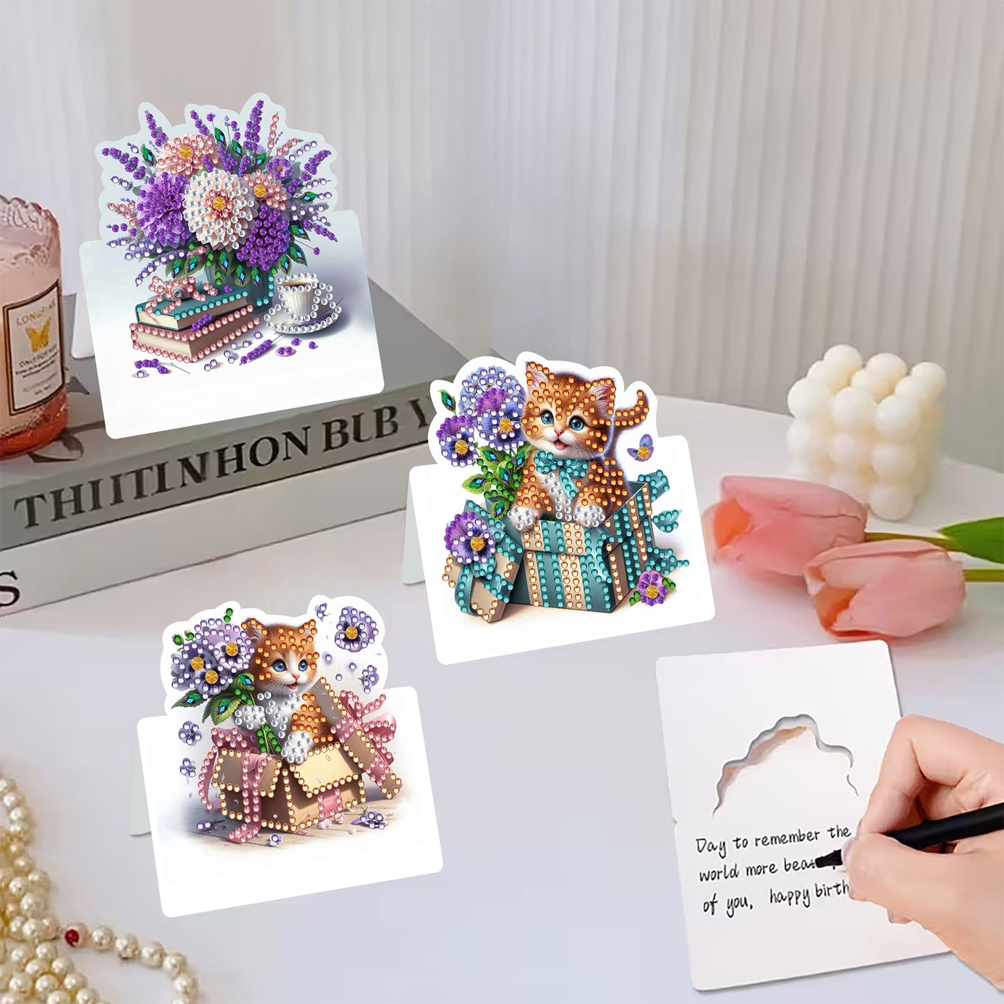 6 Packs Cat and Flowers DIY Diamond Painting Greeting Card Kit for Adults Gifts