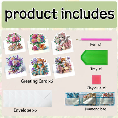 6 Packs Cat and Flowers DIY Diamond Painting Greeting Card Kit for Adults Gifts